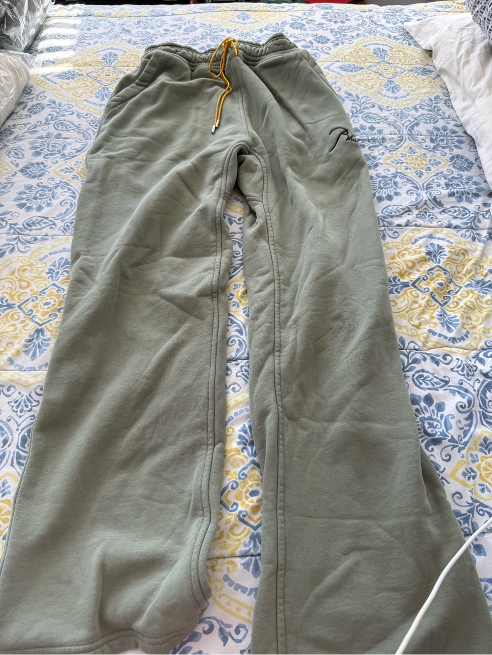Rhude Kids Sage Green Sweatpants with Yellow Drawstring